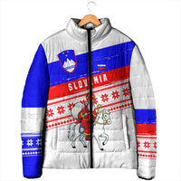Slovenia Christmas Padded Jacket with Saint Nicholas White Horse Snowflake Pattern and National Flag Design - Wonder Print Shop
