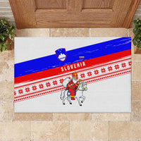 Slovenia Christmas Rubber Doormat with Saint Nicholas White Horse Snowflake Pattern and National Flag Design - Wonder Print Shop