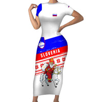 Slovenia Christmas Short Sleeve Bodycon Dress with Saint Nicholas White Horse Snowflake Pattern and National Flag Design - Wonder Print Shop