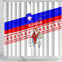 Slovenia Christmas Shower Curtain with Saint Nicholas White Horse Snowflake Pattern and National Flag Design - Wonder Print Shop