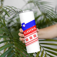 Slovenia Christmas Skinny Tumbler with Saint Nicholas White Horse Snowflake Pattern and National Flag Design - Wonder Print Shop