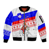 Slovenia Christmas Sleeve Zip Bomber Jacket with Saint Nicholas White Horse Snowflake Pattern and National Flag Design - Wonder Print Shop