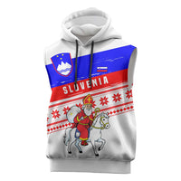 Slovenia Christmas Sleeveless Hoodie with Saint Nicholas White Horse Snowflake Pattern and National Flag Design - Wonder Print Shop