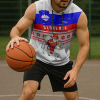 Slovenia Christmas Sleeveless Hoodie with Saint Nicholas White Horse Snowflake Pattern and National Flag Design - Wonder Print Shop