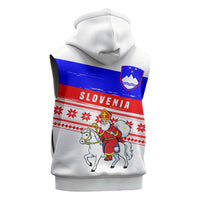 Slovenia Christmas Sleeveless Zip Hoodie with Saint Nicholas White Horse Snowflake Pattern and National Flag Design - Wonder Print Shop