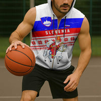 Slovenia Christmas Sleeveless Zip Hoodie with Saint Nicholas White Horse Snowflake Pattern and National Flag Design - Wonder Print Shop