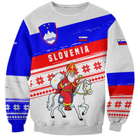 Slovenia Christmas Sweatshirt with Saint Nicholas White Horse Snowflake Pattern and National Flag Design - Wonder Print Shop