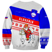 Slovenia Christmas Sweatshirt with Saint Nicholas White Horse Snowflake Pattern and National Flag Design - Wonder Print Shop
