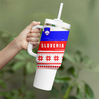 Slovenia Christmas Tumbler With Handle with Saint Nicholas White Horse Snowflake Pattern and National Flag Design - Wonder Print Shop