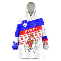 Slovenia Christmas Wearable Blanket Hoodie with Saint Nicholas White Horse Snowflake Pattern and National Flag Design - Wonder Print Shop