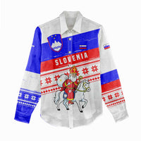 Slovenia Christmas Women Casual Shirt with Saint Nicholas White Horse Snowflake Pattern and National Flag Design - Wonder Print Shop