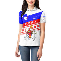 Slovenia Christmas Women Polo Shirt with Saint Nicholas White Horse Snowflake Pattern and National Flag Design - Wonder Print Shop