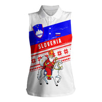 Slovenia Christmas Women Sleeveless Polo Shirt with Saint Nicholas White Horse Snowflake Pattern and National Flag Design - Wonder Print Shop