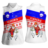 Slovenia Christmas Women Sleeveless Polo Shirt with Saint Nicholas White Horse Snowflake Pattern and National Flag Design - Wonder Print Shop