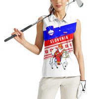 Slovenia Christmas Women Sleeveless Polo Shirt with Saint Nicholas White Horse Snowflake Pattern and National Flag Design - Wonder Print Shop