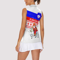 Slovenia Christmas Women Sleeveless Polo Shirt with Saint Nicholas White Horse Snowflake Pattern and National Flag Design - Wonder Print Shop