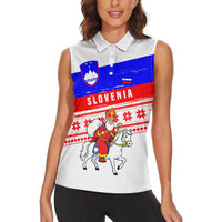 Slovenia Christmas Women Sleeveless Polo Shirt with Saint Nicholas White Horse Snowflake Pattern and National Flag Design - Wonder Print Shop