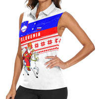 Slovenia Christmas Women Sleeveless Polo Shirt with Saint Nicholas White Horse Snowflake Pattern and National Flag Design - Wonder Print Shop