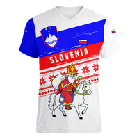 Slovenia Christmas Women V-Neck T-Shirt with Saint Nicholas White Horse Snowflake Pattern and National Flag Design - Wonder Print Shop