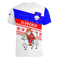 Slovenia Christmas Women V-Neck T-Shirt with Saint Nicholas White Horse Snowflake Pattern and National Flag Design - Wonder Print Shop