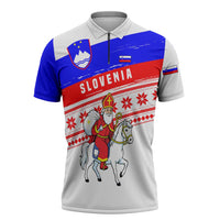 Slovenia Christmas Zipper Polo Shirt with Saint Nicholas White Horse Snowflake Pattern and National Flag Design - Wonder Print Shop