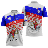 Slovenia Christmas Zipper Polo Shirt with Saint Nicholas White Horse Snowflake Pattern and National Flag Design - Wonder Print Shop