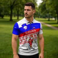 Slovenia Christmas Zipper Polo Shirt with Saint Nicholas White Horse Snowflake Pattern and National Flag Design - Wonder Print Shop