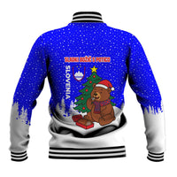 Slovenia Christmas Baseball Jacket with Bear Potica Cake Snowy Tree and National Emblem Design - Wonder Print Shop