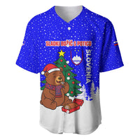Slovenia Christmas Baseball Jersey with Bear Potica Cake Snowy Tree and National Emblem Design - Wonder Print Shop