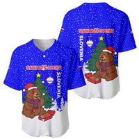 Slovenia Christmas Baseball Jersey with Bear Potica Cake Snowy Tree and National Emblem Design - Wonder Print Shop