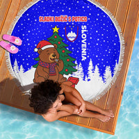 Slovenia Christmas Beach Blanket with Bear Potica Cake Snowy Tree and National Emblem Design - Wonder Print Shop