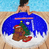 Slovenia Christmas Beach Blanket with Bear Potica Cake Snowy Tree and National Emblem Design - Wonder Print Shop