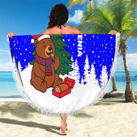 Slovenia Christmas Beach Blanket with Bear Potica Cake Snowy Tree and National Emblem Design - Wonder Print Shop