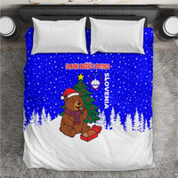 Slovenia Christmas Bedding Set with Bear Potica Cake Snowy Tree and National Emblem Design - Wonder Print Shop