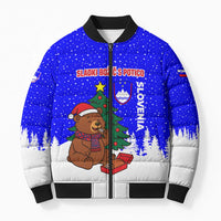 Slovenia Christmas Bomber Puffer Jacket with Bear Potica Cake Snowy Tree and National Emblem Design - Wonder Print Shop