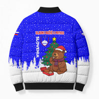 Slovenia Christmas Bomber Puffer Jacket with Bear Potica Cake Snowy Tree and National Emblem Design - Wonder Print Shop