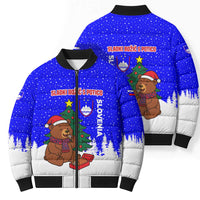 Slovenia Christmas Bomber Puffer Jacket with Bear Potica Cake Snowy Tree and National Emblem Design - Wonder Print Shop