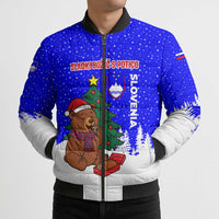 Slovenia Christmas Bomber Puffer Jacket with Bear Potica Cake Snowy Tree and National Emblem Design - Wonder Print Shop