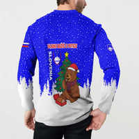 Slovenia Christmas Button Sweatshirt with Bear Potica Cake Snowy Tree and National Emblem Design - Wonder Print Shop