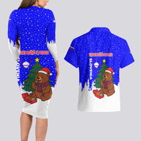 Slovenia Christmas Couples Matching Long Sleeve Bodycon Dress and Hawaiian Shirt with Bear Potica Cake Snowy Tree and National Emblem Design - Wonder Print Shop