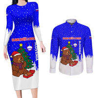 Slovenia Christmas Couples Matching Long Sleeve Bodycon Dress and Long Sleeve Button Shirt with Bear Potica Cake Snowy Tree and National Emblem Design - Wonder Print Shop