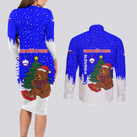 Slovenia Christmas Couples Matching Long Sleeve Bodycon Dress and Long Sleeve Button Shirt with Bear Potica Cake Snowy Tree and National Emblem Design - Wonder Print Shop