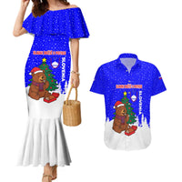Slovenia Christmas Couples Matching Mermaid Dress and Hawaiian Shirt with Bear Potica Cake Snowy Tree and National Emblem Design - Wonder Print Shop