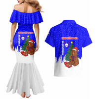 Slovenia Christmas Couples Matching Mermaid Dress and Hawaiian Shirt with Bear Potica Cake Snowy Tree and National Emblem Design - Wonder Print Shop