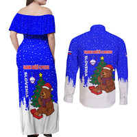 Slovenia Christmas Couples Matching Off Shoulder Maxi Dress and Long Sleeve Button Shirt with Bear Potica Cake Snowy Tree and National Emblem Design - Wonder Print Shop
