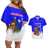 Slovenia Christmas Couples Matching Off Shoulder Short Dress and Hawaiian Shirt with Bear Potica Cake Snowy Tree and National Emblem Design - Wonder Print Shop