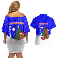 Slovenia Christmas Couples Matching Off Shoulder Short Dress and Hawaiian Shirt with Bear Potica Cake Snowy Tree and National Emblem Design - Wonder Print Shop