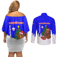 Slovenia Christmas Couples Matching Off Shoulder Short Dress and Long Sleeve Button Shirt with Bear Potica Cake Snowy Tree and National Emblem Design - Wonder Print Shop