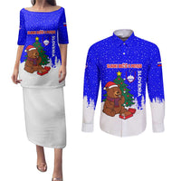 Slovenia Christmas Couples Matching Puletasi and Long Sleeve Button Shirt with Bear Potica Cake Snowy Tree and National Emblem Design - Wonder Print Shop