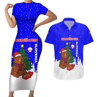 Slovenia Christmas Couples Matching Short Sleeve Bodycon Dress and Hawaiian Shirt with Bear Potica Cake Snowy Tree and National Emblem Design - Wonder Print Shop